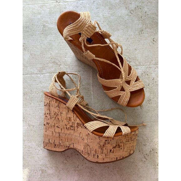 Ralph Lauren Purple Label 39.5 Beige Braided Raffia Wedge Sandals Cork Platform - Picture 11 of 11